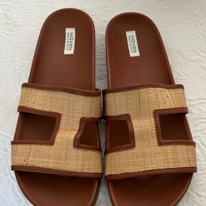 Haven Woven Leather-Trim Slide Sandals in Brown/Beige